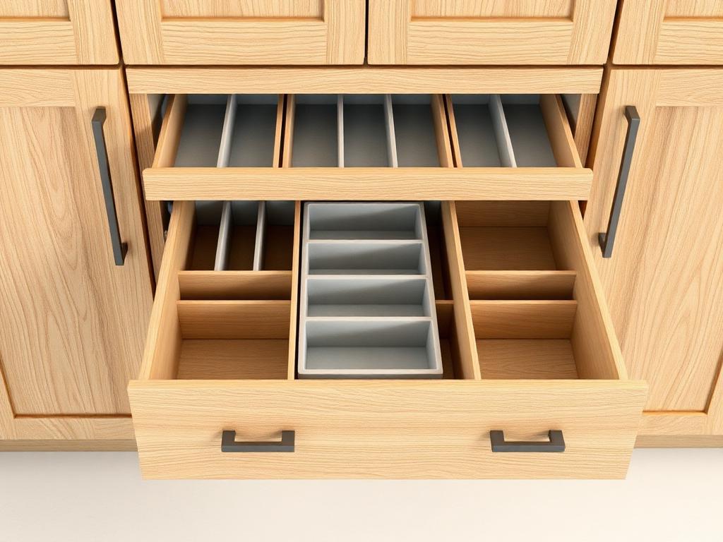 AI conceptual illustration of full-extension kitchen drawers with interior dividers