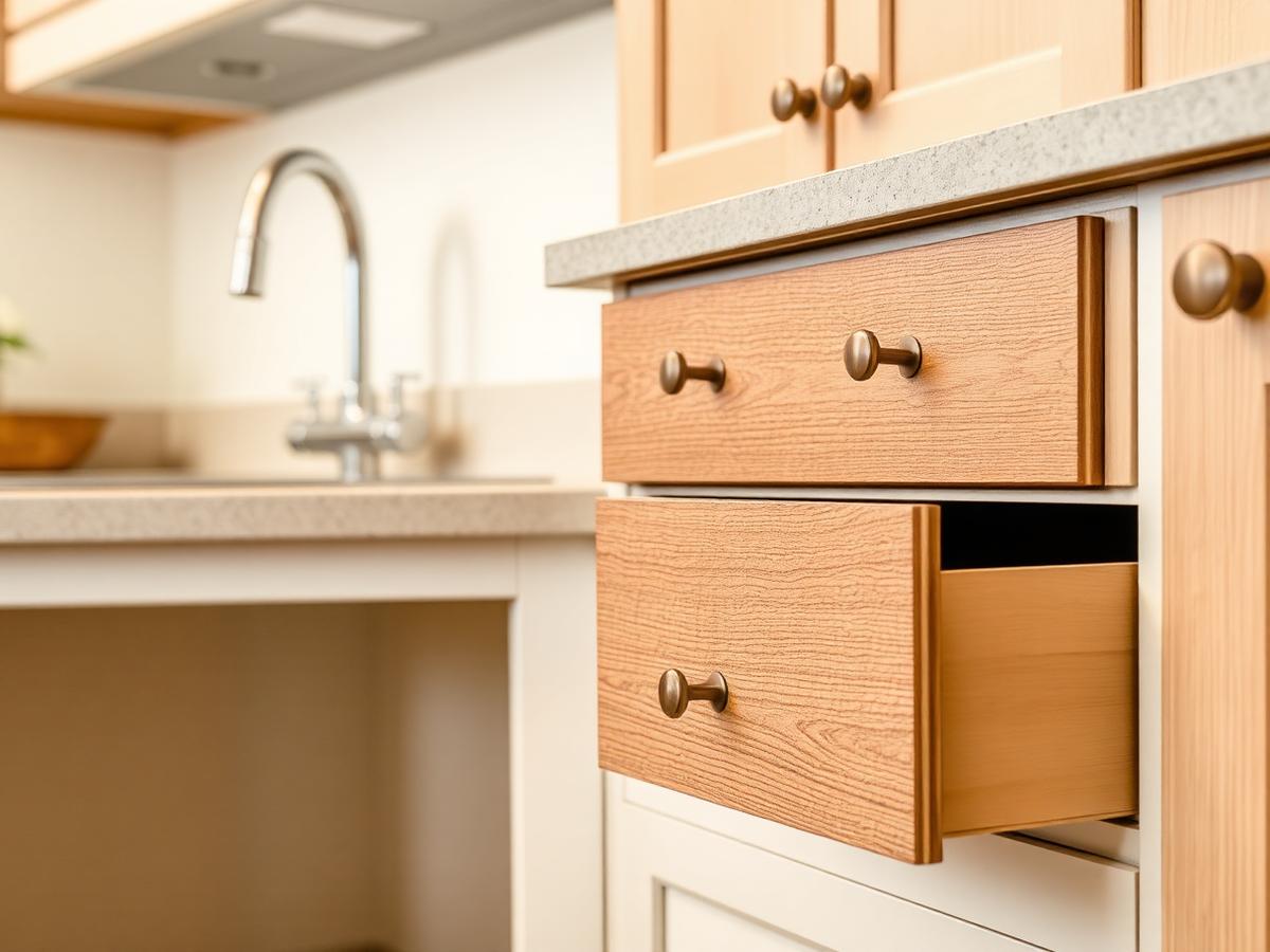 Conceptual kitchen detail showing easy-grip drawer hardware, a lever faucet and open knee space