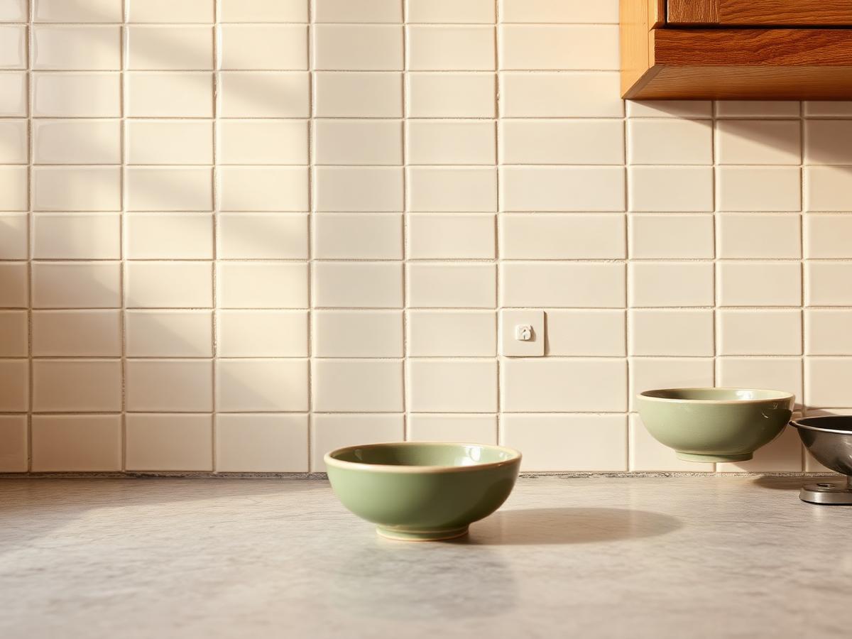 Conceptual close-up of a cream tiled kitchen backsplash with thin grout lines and a sage bowl