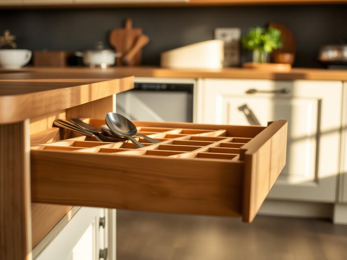 Conceptual view of an open oak kitchen drawer fitted with interior dividers