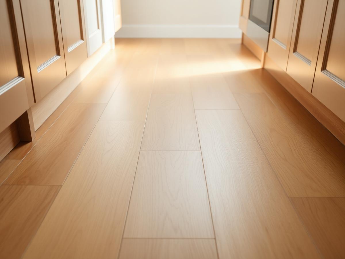 Conceptual view of warm wood-toned kitchen flooring running up to a cabinet toe kick
