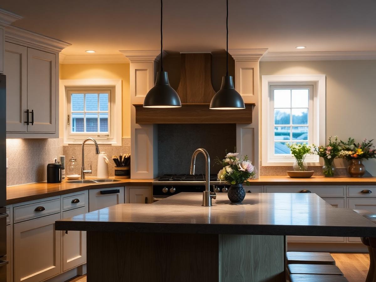 Conceptual view of a kitchen at dusk with under-cabinet task light and two pendants over an island
