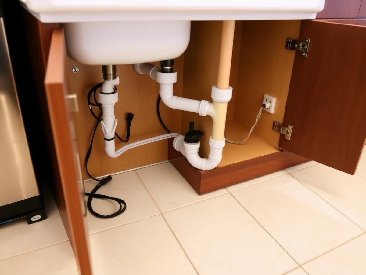 Conceptual view inside a kitchen sink base cabinet showing supply lines, a drain trap and an outlet
