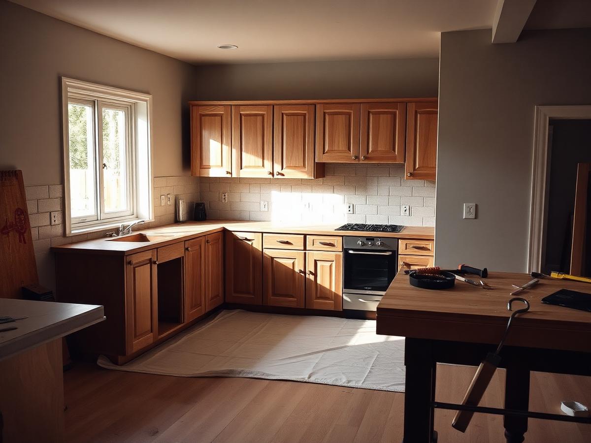 Conceptual view of a kitchen mid-installation with protected flooring and cabinet boxes being set