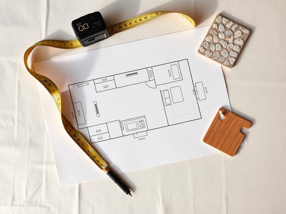 Conceptual flat lay of a kitchen floor plan sketch, tape measure, oak sample and stone chip on cream linen