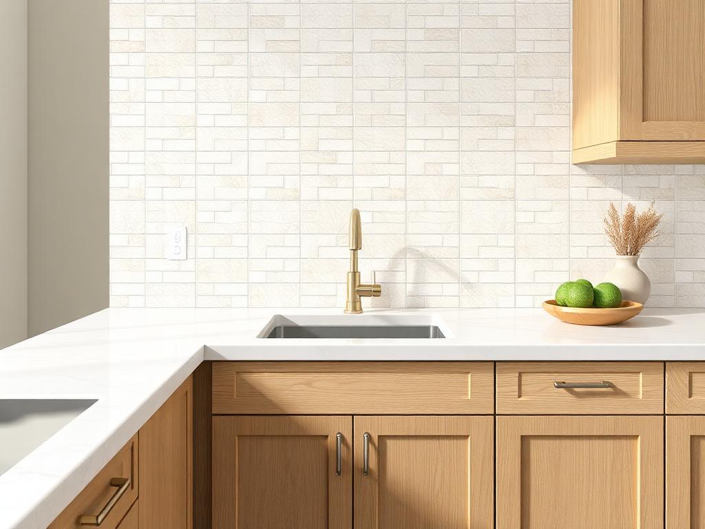 AI conceptual illustration of a light quartz countertop with a full-height tile backsplash
