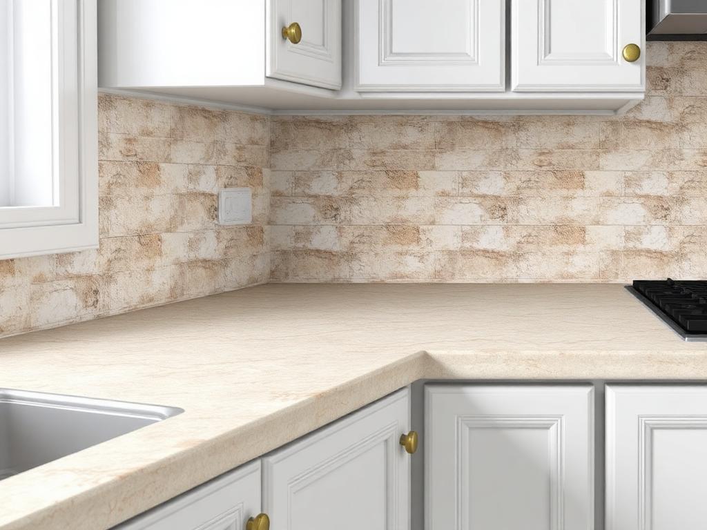 AI conceptual illustration of a worn laminate countertop with a short dated tile backsplash