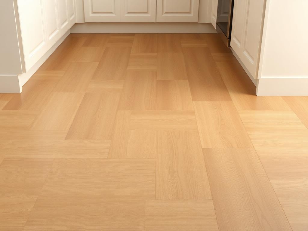 AI conceptual illustration of a warm plank kitchen floor with a flush doorway transition