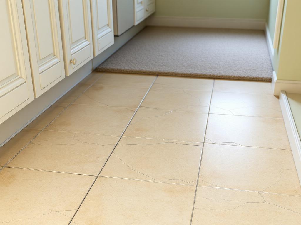 AI conceptual illustration of a cracked tile kitchen floor meeting carpet at an uneven strip
