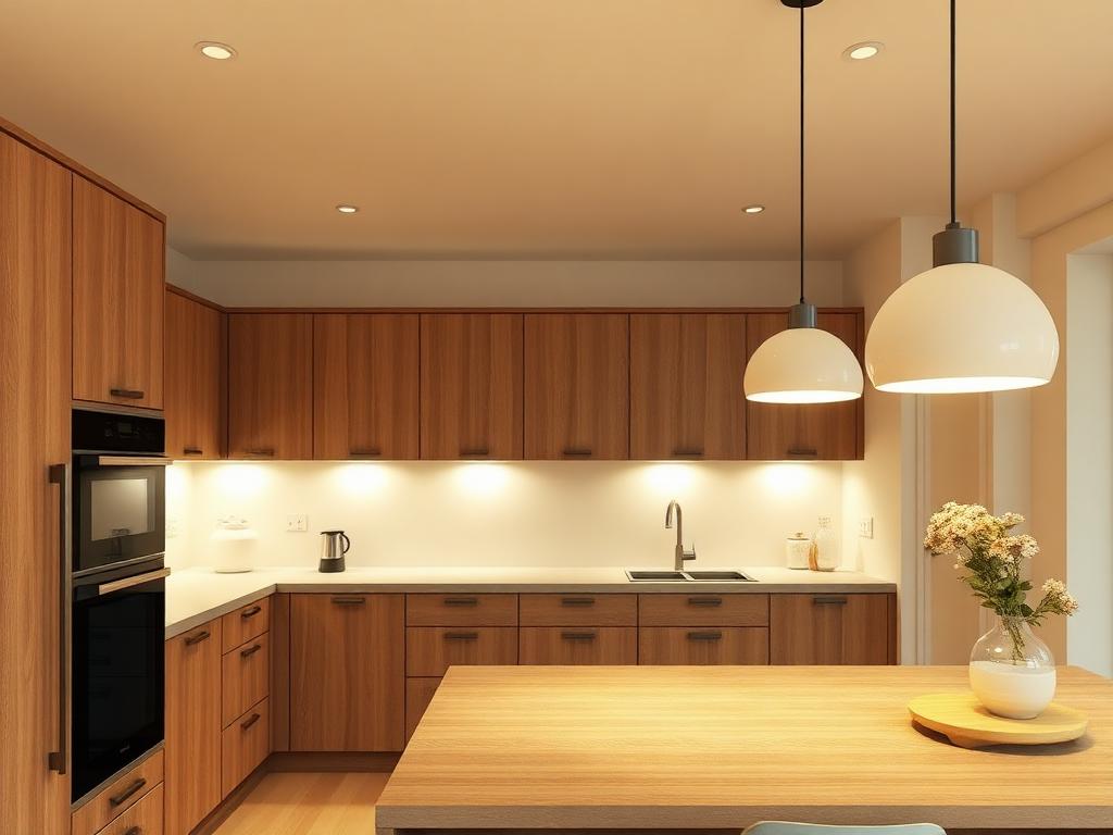 AI conceptual illustration of a kitchen with under-cabinet task lighting, recessed ambient light and pendants