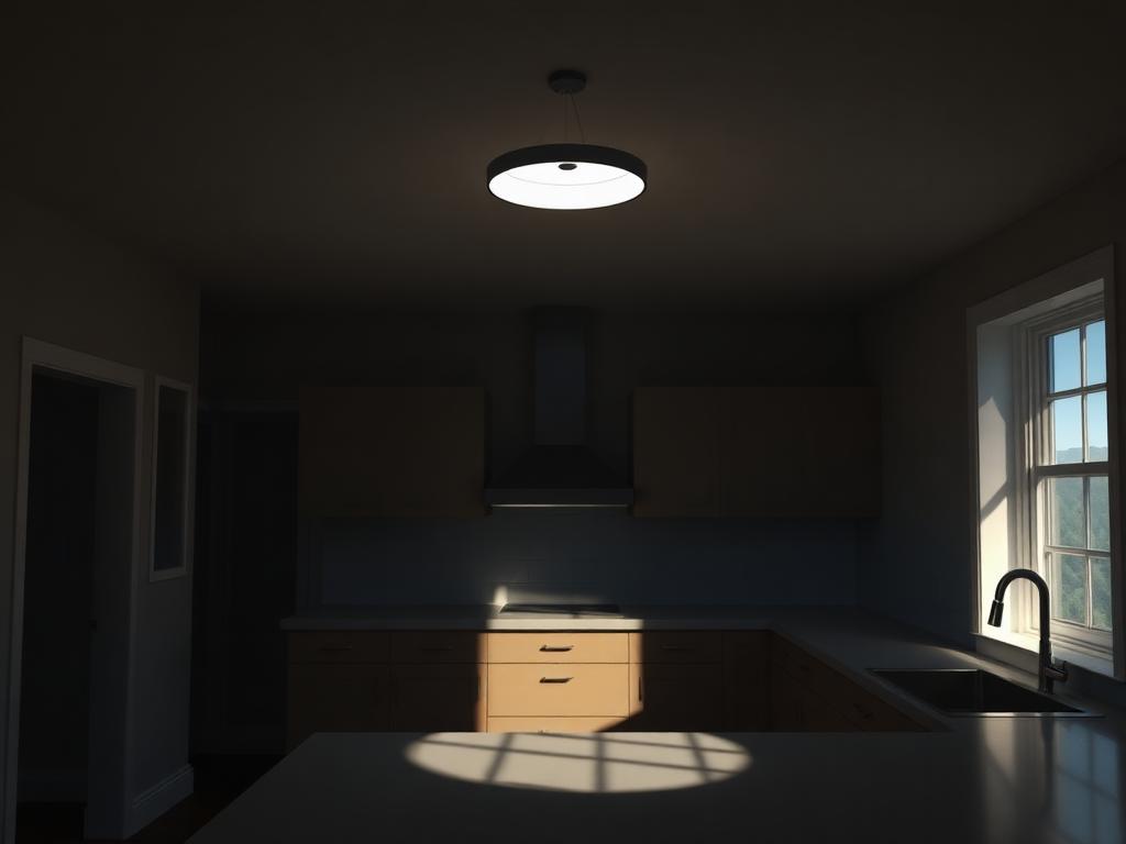 AI conceptual illustration of a dim kitchen lit by one central ceiling fixture