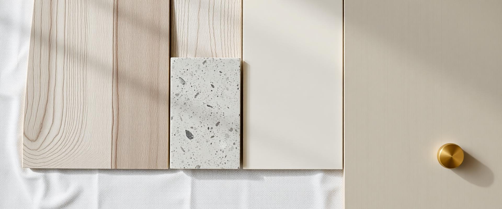 Row of kitchen material samples: pale oak veneer, speckled stone chip, cream tile and a brass knob