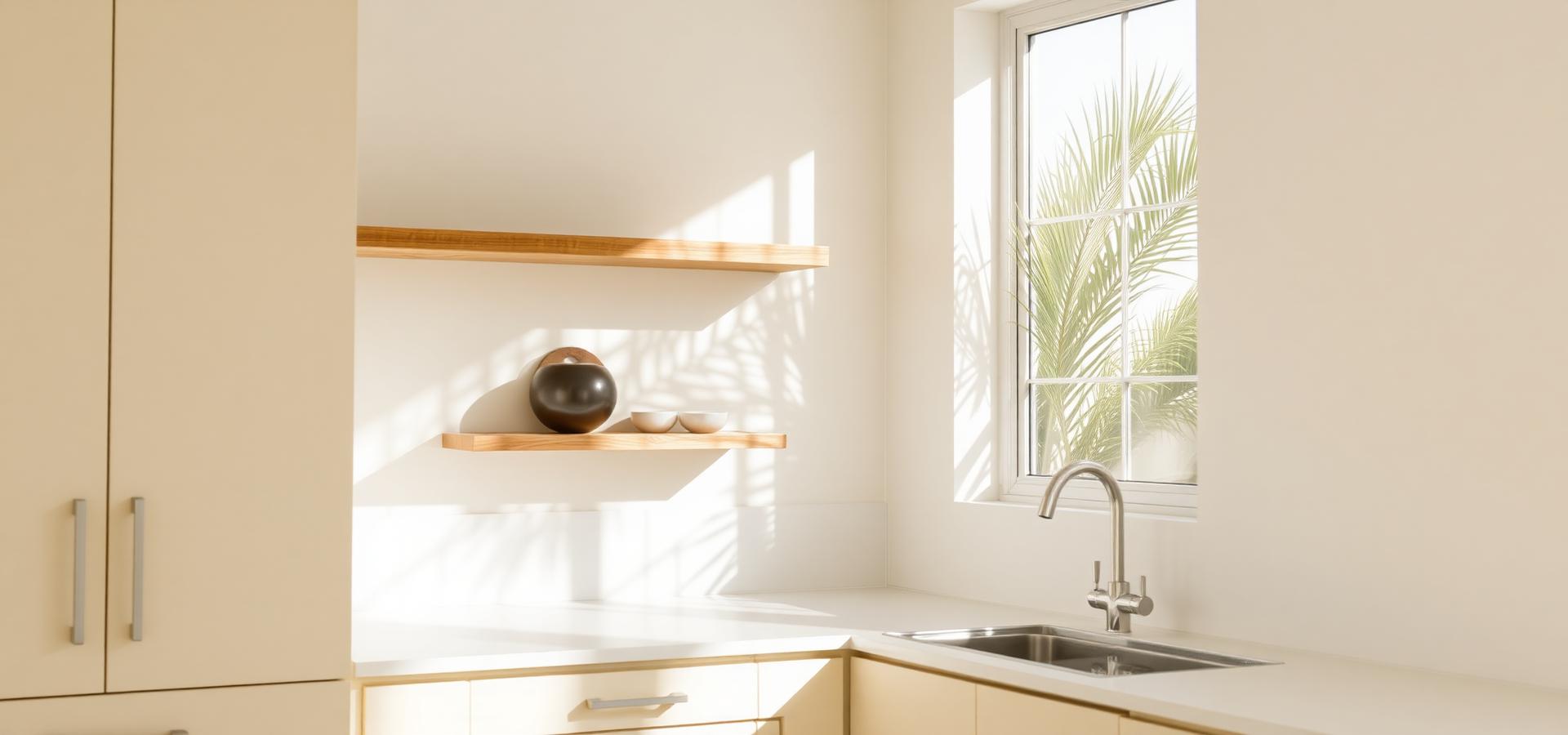 Bright kitchen corner with cream cabinetry, an oak shelf and palm shadows across the wall