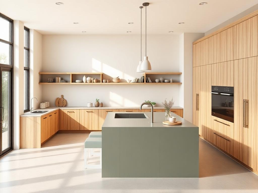 AI conceptual illustration of an open kitchen with distinct prep, cooking and cleanup zones
