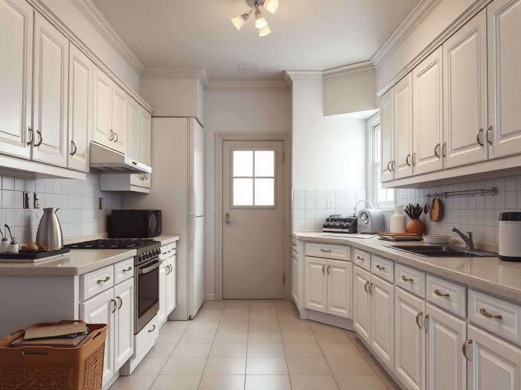 AI conceptual illustration of a narrow closed kitchen layout with a blocked walkway